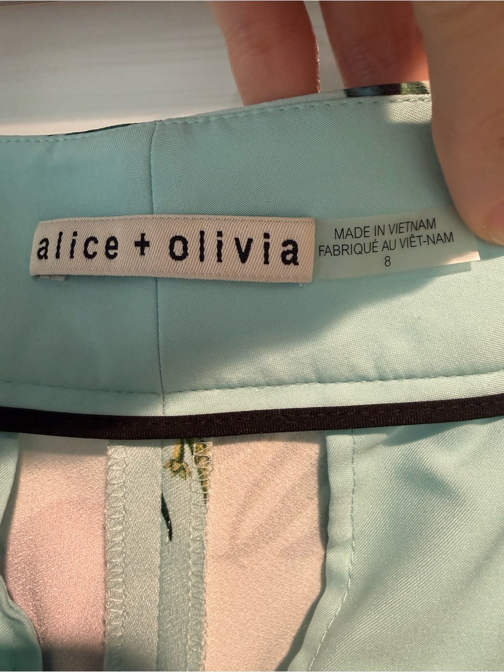 Alice + Olivia Dylan High Waisted Aqua Wide-Leg Pants in “Beautiful Bloom” - Picture 7 of 8